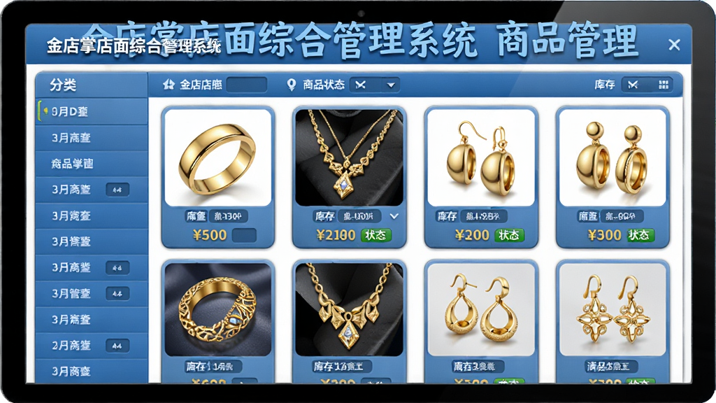 主体为电脑端“金店掌店面综合管理系统”的商品列表界面,展示金镯、金项链、金耳环的缩略图与价格。布局为表格形式,左侧分类栏,右侧商品卡片。风格拟物化,界面蓝色调,细节有库存数量和状态标签,画质高清,干净无多余元素,图片文字为“金店掌店面综合管理系统 商品管理”。