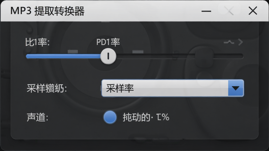 展示MP3提取转换器参数设置面板,包含比特率滑块、采样率下拉框和声道选项,界面设计专业,光线柔和,细节清晰,画质高清,无多余元素
