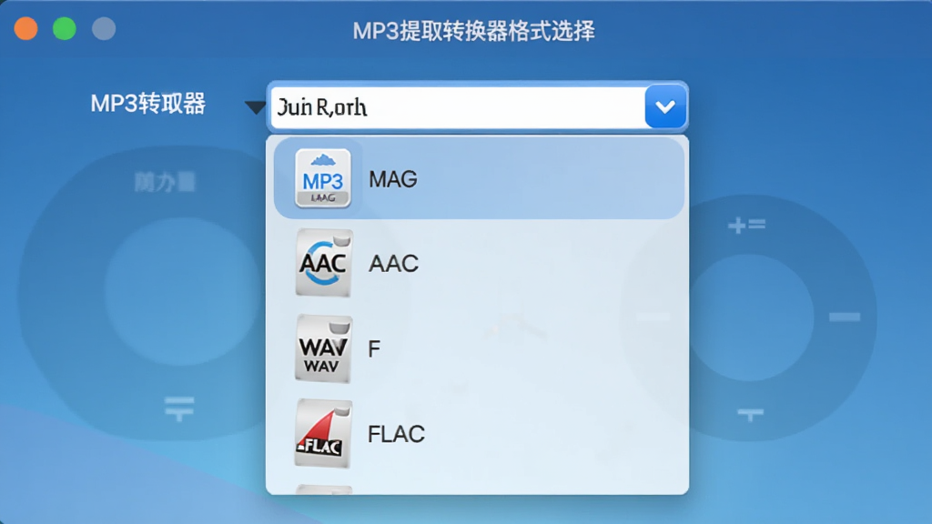 展示MP3提取转换器格式选择下拉菜单的界面,列表中有MP3、AAC、WAV、FLAC等格式图标,背景为渐变蓝色,界面清晰,排版整齐,画质高清,无多余元素