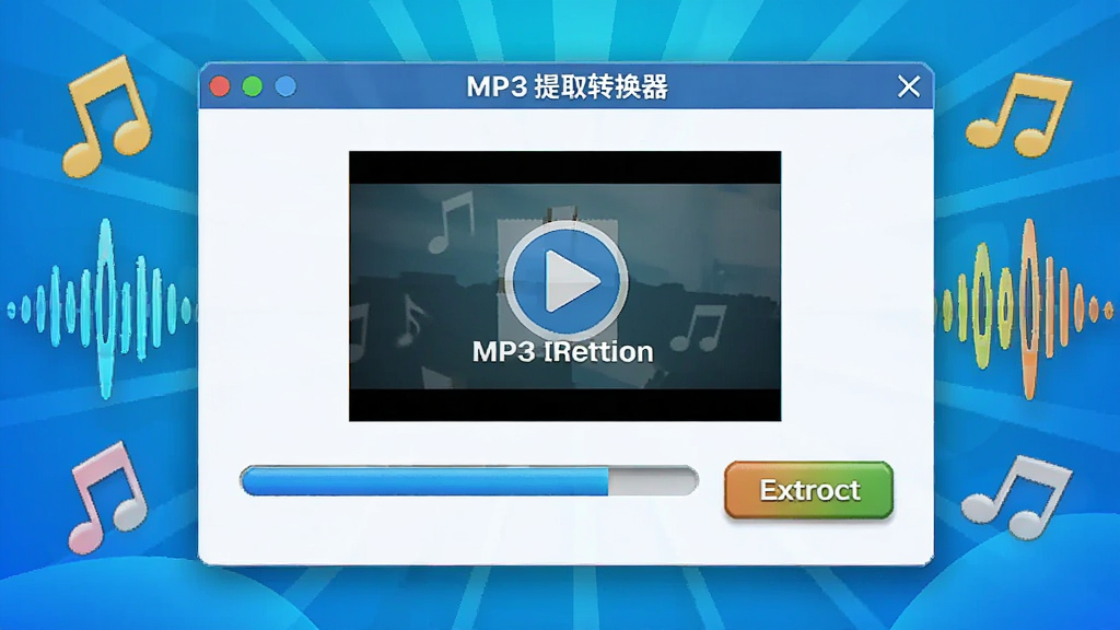 展示MP3提取转换器拖入视频文件后点击提取按钮的操作画面,界面显示进度条,周围有音乐符号和声波图形装饰,整体风格明亮,细节丰富,画质干净