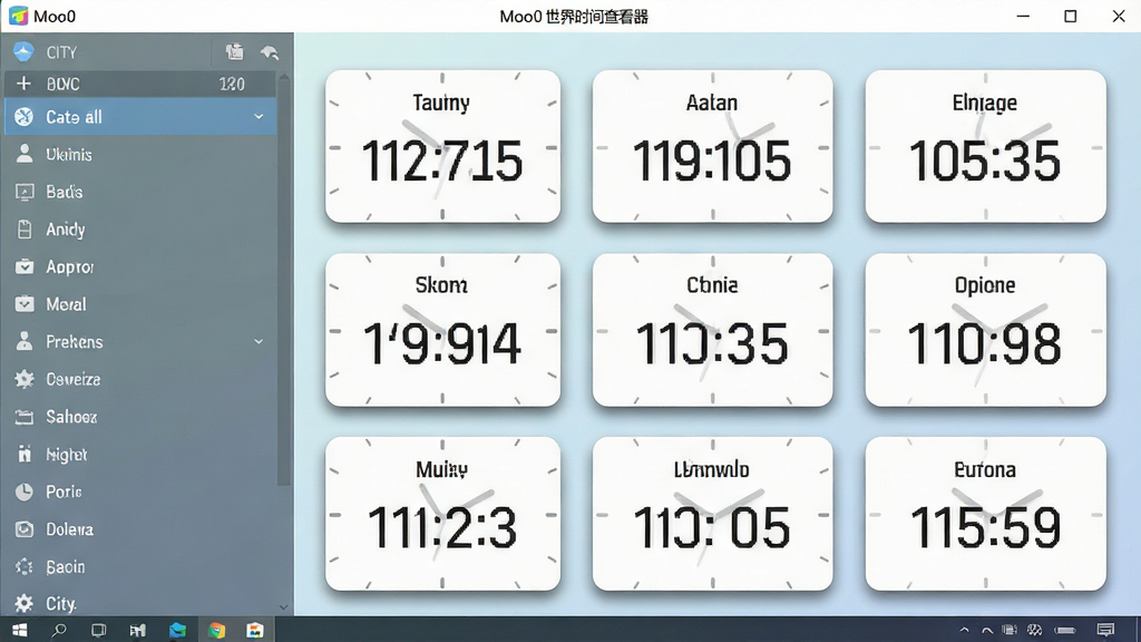 主体:一款名为“Moo0 世界时间查看器”的桌面软件界面,展示多个世界时钟卡片,布局:屏幕左侧为城市列表,右侧为时间显示区,排版:清晰简洁,每个时钟卡片显示城市名称和当前时间,风格:现代扁平化,细节:时钟卡片带有阴影,背景为浅色渐变,画质:高清,干净,无多余元素