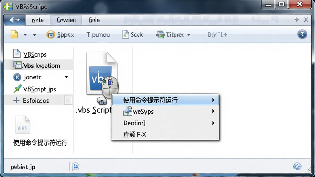 VBScript脚本文件在Windows资源管理器中运行示意图,主体为鼠标右键点击.vbs文件弹出“使用命令提示符运行”选项,布局简洁,排版直观,风格写实,细节包括文件图标和右键菜单,画质清晰,干净无多余元素