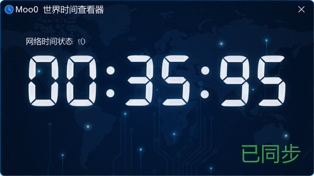 主体:“Moo0 世界时间查看器”主界面,显示网络时间同步状态,布局:界面右下角有“已同步”字样,排版:简洁,风格:科技感,细节:时间数字跳动,背景为深蓝色,画质:高清,干净,无多余元素