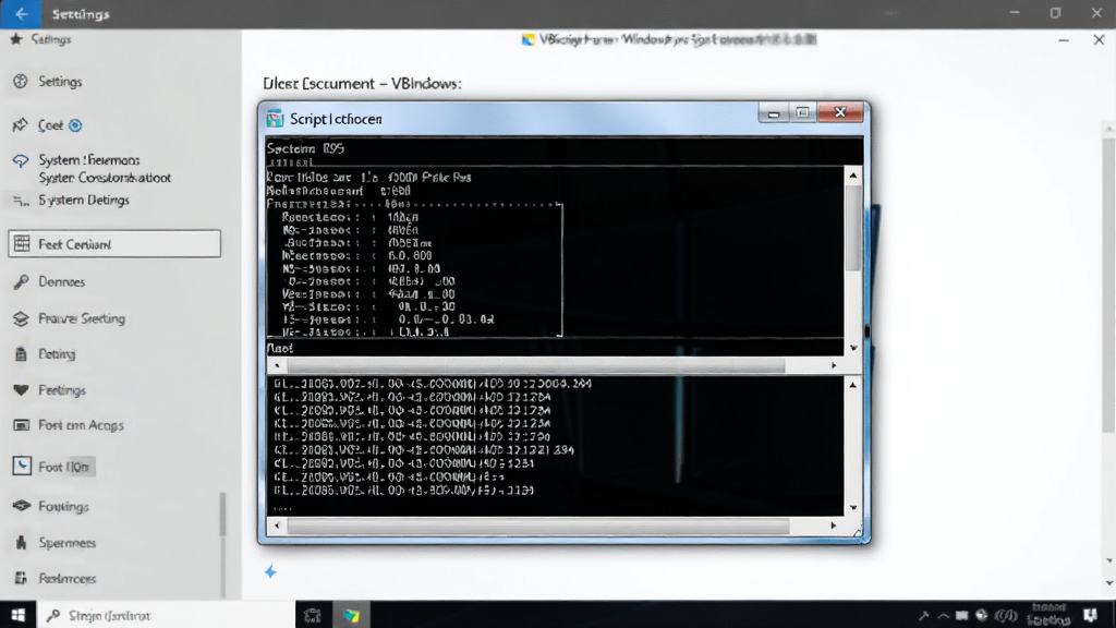 VBScript与Windows系统集成示意图,主体为脚本运行窗口输出系统信息,背景为Windows设置界面,布局对称,排版规整,风格专业,细节包括系统参数和日志输出,画质清晰,干净无多余元素