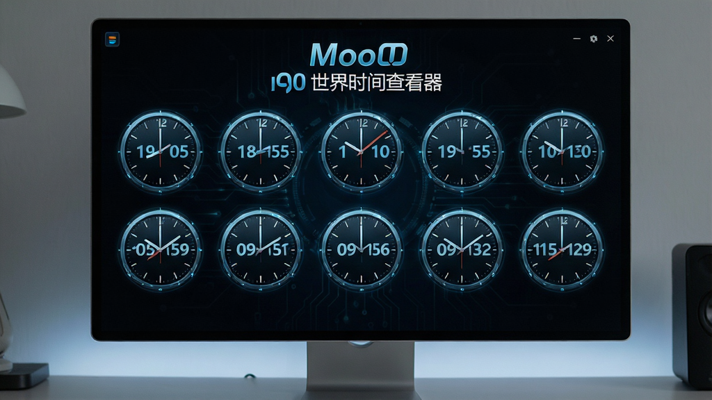 主体:一台电脑屏幕显示“Moo0 世界时间查看器”全屏模式,布局:屏幕中央显示多个世界时钟,排版:整齐排列,风格:科技感,细节:时钟数字清晰,背景为深色,画质:高清,干净,无多余元素
