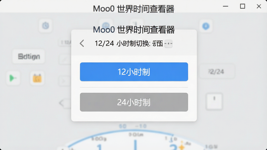 主体:“Moo0 世界时间查看器”设置界面,展示12/24小时制切换选项,布局:设置面板居中,选项列表清晰,排版:简洁明了,风格:扁平化,细节:有“12小时制”和“24小时制”两个按钮,背景为浅灰色,画质:高清,干净,无多余元素
