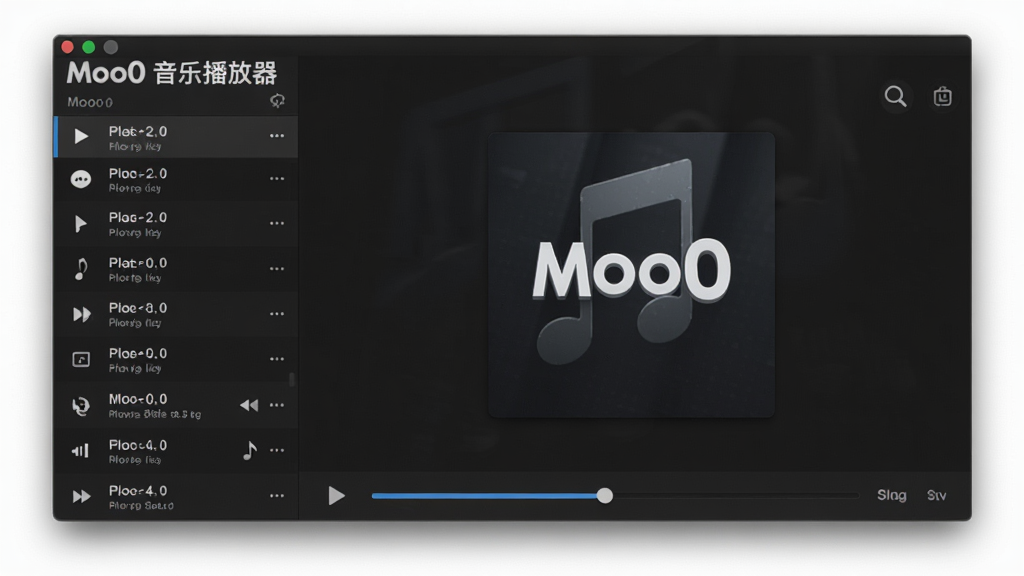 一幅展示Moo0音乐播放器主界面的高清渲染图,界面极简风格,深色背景,中央显示专辑封面与进度条,左侧为播放列表,整体布局干净整洁,无多余元素,画质清晰,风格现代,突出软件名称