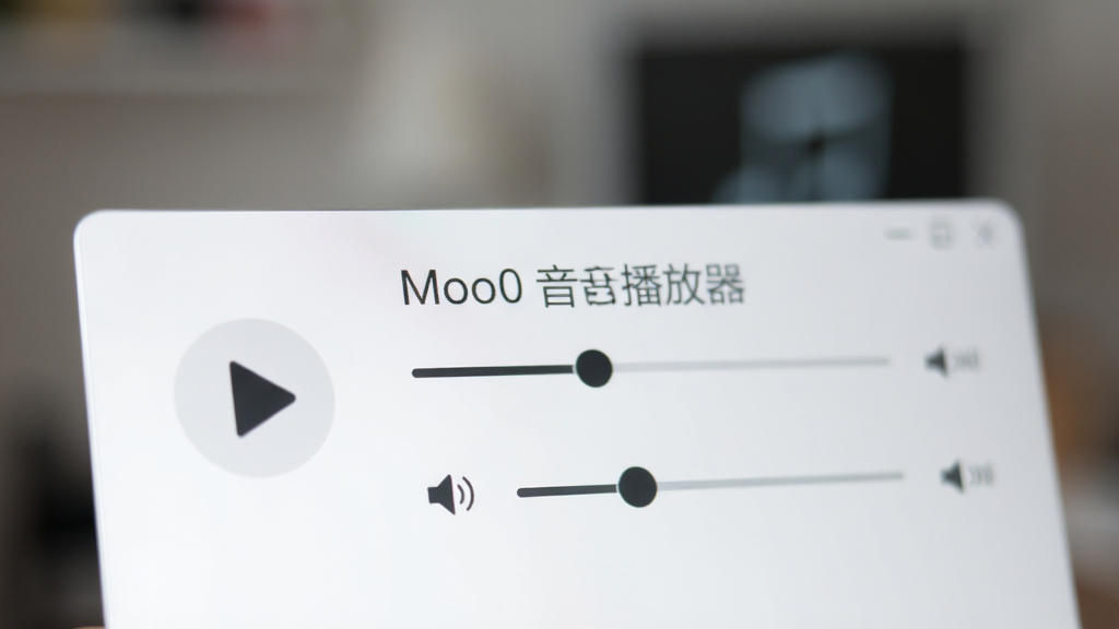 展示Moo0音乐播放器极简界面的特写,界面以浅色为主,包含播放按钮、进度条、音量滑块,背景虚化,突出简洁风格,文字