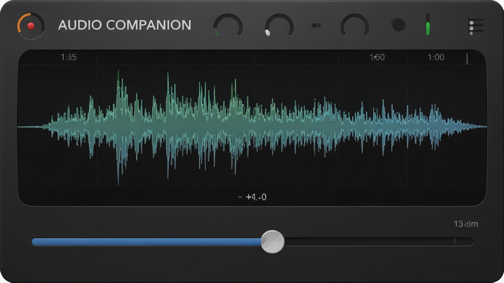 Audio Companion 音量平衡功能,波形图对比,滑块调节界面,专业音频工具风格,干净背景,高清晰度