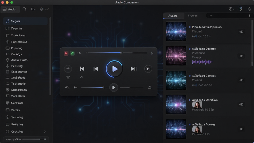 Audio Companion 音频管理软件主界面,深色主题,左侧分类列表,右侧音频文件列表,中央播放控制面板,整体科技感,高分辨率,干净无多余元素