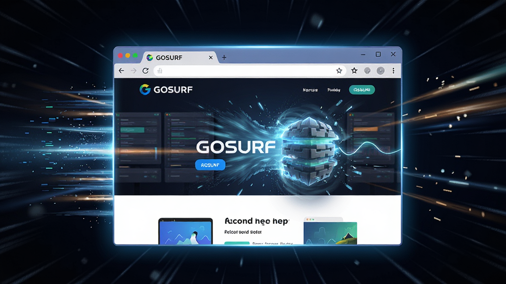 一张展示GOSURF浏览器极速加载网页的动效图,主体是浏览器窗口,周围有速度线条和光效,页面内容瞬间完整呈现,布局居中,风格富有科技感,色彩明亮,画质清晰,干净,无多余元素