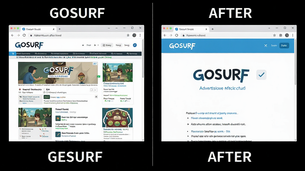 一张GOSURF浏览器开启广告拦截前后的对比图,左边是未拦截的杂乱网页,右边是拦截后的清爽页面,主体是浏览器截图对比,左右分栏布局,风格直观明了,色彩鲜艳,画质高清,干净,无多余元素