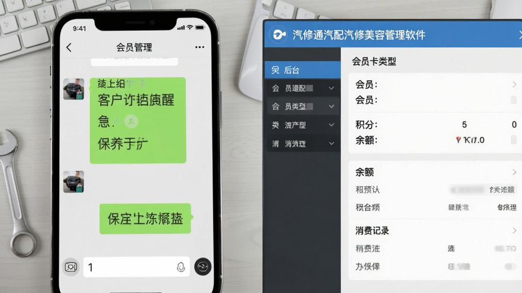 手机微信聊天界面与“汽修通汽配汽修美容管理软件”后台会员管理页面拼图,左侧显示给客户发送的保养提醒消息,右侧显示会员卡类型、积分余额和消费记录,背景为浅灰色桌面,布局简洁,画面清晰,风格扁平化,干净无多余元素