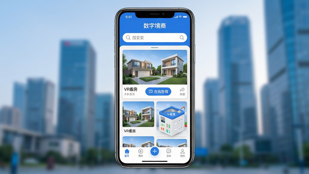 主体:数字境商APP界面,手机屏幕展示房源列表和3D看房功能。布局:手机居中,屏幕内容清晰可见,背景为现代城市建筑群虚化。排版:界面元素排列整齐,上方为搜索栏,中间为房源卡片,下方为功能导航栏。风格:科技感,蓝色主调,扁平化设计。细节:屏幕上显示“数字境商”字样和房源图片,有“VR看房”、“在线咨询”按钮。画质:高清,干净,无多余元素。