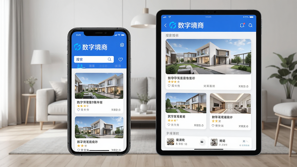 主体:数字境商APP在手机和平板上运行的效果图。布局:手机和平板并排,屏幕显示房源搜索界面,背景为简约客厅。排版:界面元素清晰,平板显示更多信息。风格:现代科技感,蓝色和白色搭配。细节:屏幕上有“数字境商”logo,显示房源卡片。画质:高分辨率,干净无多余元素。
