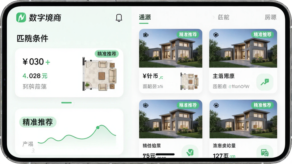 主体:数字境商APP的智能匹配功能界面。布局:左侧为筛选条件面板,右侧为匹配的房源卡片列表。排版:卡片采用圆角设计,信息包括价格、面积、户型图。风格:简洁明亮,绿色点缀。细节:屏幕上有“数字境商”logo,匹配结果带有“精准推荐”标签。画质:清晰,无多余元素。