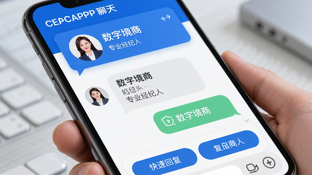 主体:数字境商APP的经纪人服务聊天界面。布局:上方为经纪人资料卡片,中间为对话框,下方为快捷回复按钮。排版:对话气泡清晰,头像显示经纪人信息。风格:商务蓝色调,友好亲切。细节:屏幕上有“数字境商”字样和“专业经纪人”标识。画质:高清,无多余元素。