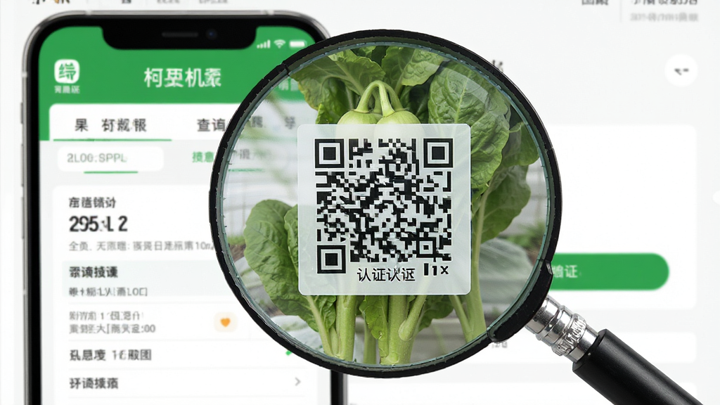 主体为放大镜扫描有机蔬菜上的认证码,背景是清晰的绿色有机App查询结果页面,布局合理,排版干净,风格专业,细节到位,画质高清,无多余元素