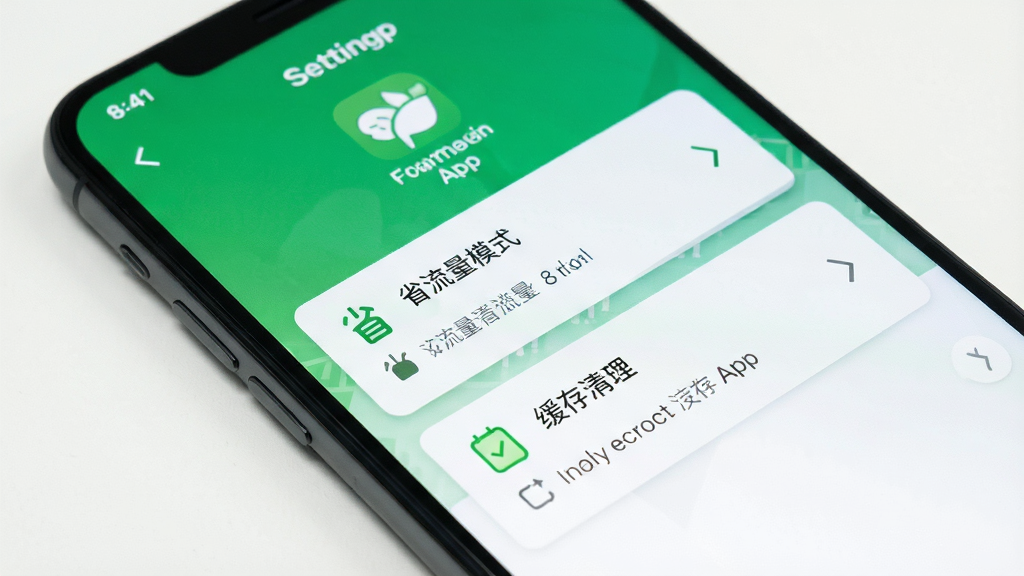 主体为一部手机正在运行绿色有机App的设置页面,显示省流量模式与缓存清理选项,布局整洁,排版清楚,风格简洁,细节明确,画质高清,无多余元素