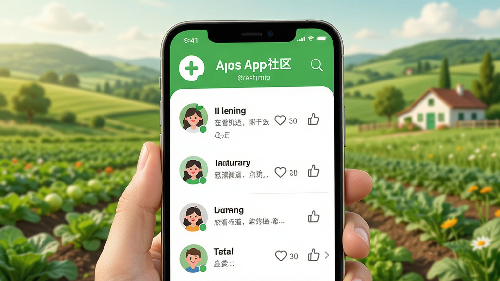主体为手机屏幕显示绿色有机App社区讨论界面,有用户头像、点赞评论图标,背景是绿色田园风光,布局活泼,排版清晰,风格亲和,细节丰富,画质高清,无多余元素