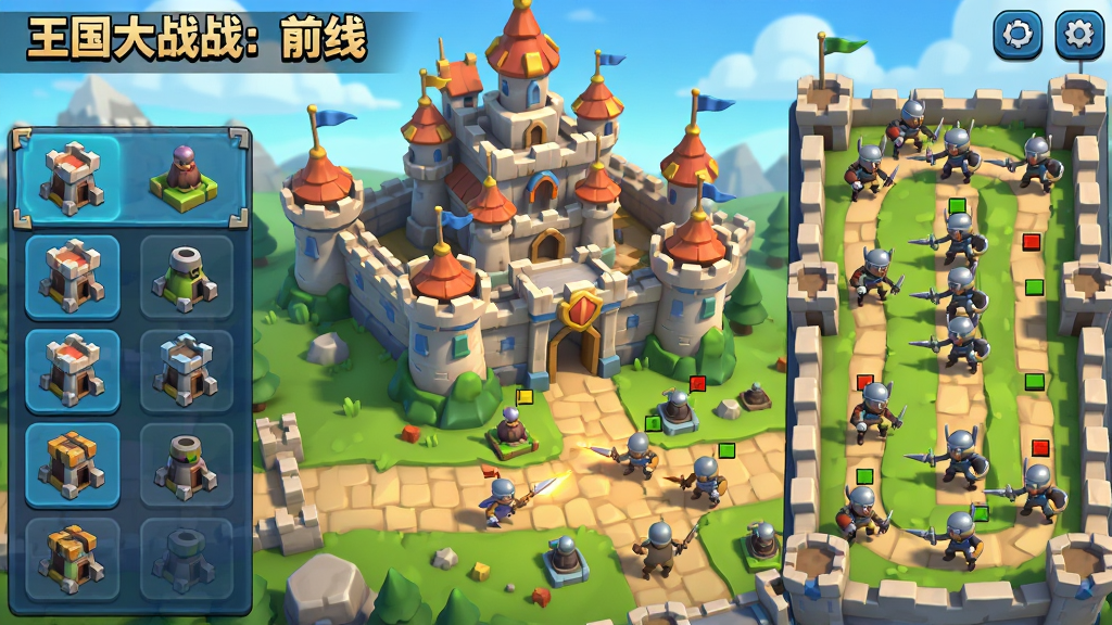 游戏主界面截图,展示《王国大作战:前线》的宏伟城堡与前线战场,左侧排列防御塔建造菜单,右侧是敌兵进攻路线,整体采用明亮卡通渲染风格,色彩鲜艳,细节丰富,UI布局清晰,画质高清,干净无多余元素