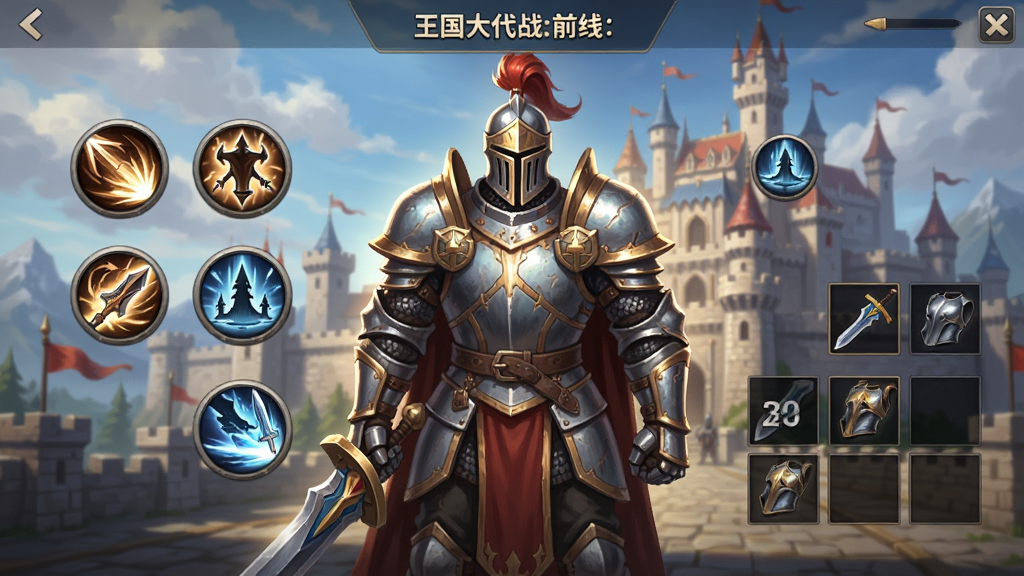 《王国大作战:前线》英雄展示界面,一位身披铠甲的骑士英雄居中站立,周围环绕技能图标和装备栏,背景是王国城堡,游戏UI风格,角色立绘精美,光影效果出色,画质高清,干净无多余元素