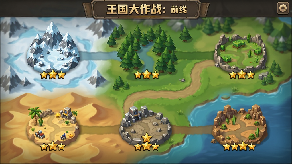 《王国大作战:前线》关卡选择地图,展示雪山、森林、沙漠等多个地形节点,每个节点有星级评价标识,界面为游戏地图风格,色彩丰富,路径清晰,画质细腻,干净无多余元素