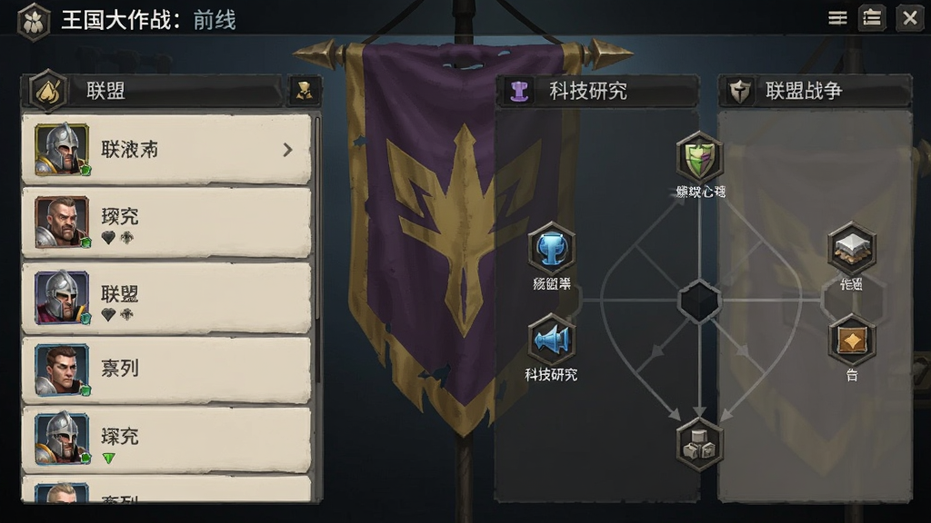 《王国大作战:前线》联盟界面,展示联盟成员列表、科技研究树和联盟战争入口,背景是联盟旗帜,游戏UI风格,信息布局清晰,色调沉稳,画质清楚,干净无多余元素