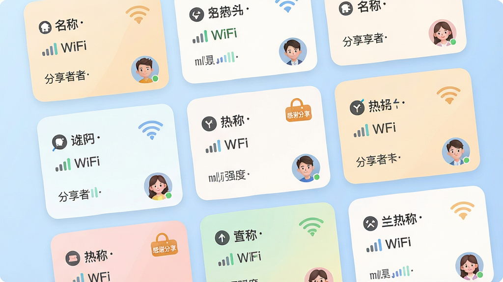 主体:wifi万用钥匙连共享社区界面,展示用户共享的WiFi热点卡片;布局:网格状排列,卡片上显示WiFi名称、信号强度、分享者头像;排版:卡片错落有致,色彩柔和;风格:社交化,亲和力;细节:卡片上有“感谢分享”的小图标,背景为淡蓝色渐变;画质:高清,干净,无多余元素