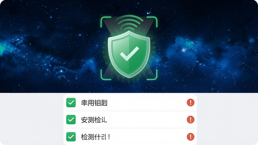 主体:wifi万用钥匙连安全检测结果页,显示“安全”绿色盾牌图标;布局:居中,盾牌图标上方有扫描动画,下方为检测项列表;排版:列表项以对勾和感叹号区分;风格:安全、可靠;细节:盾牌图标带有微光,背景为深蓝色星空;画质:高清,干净,无多余元素