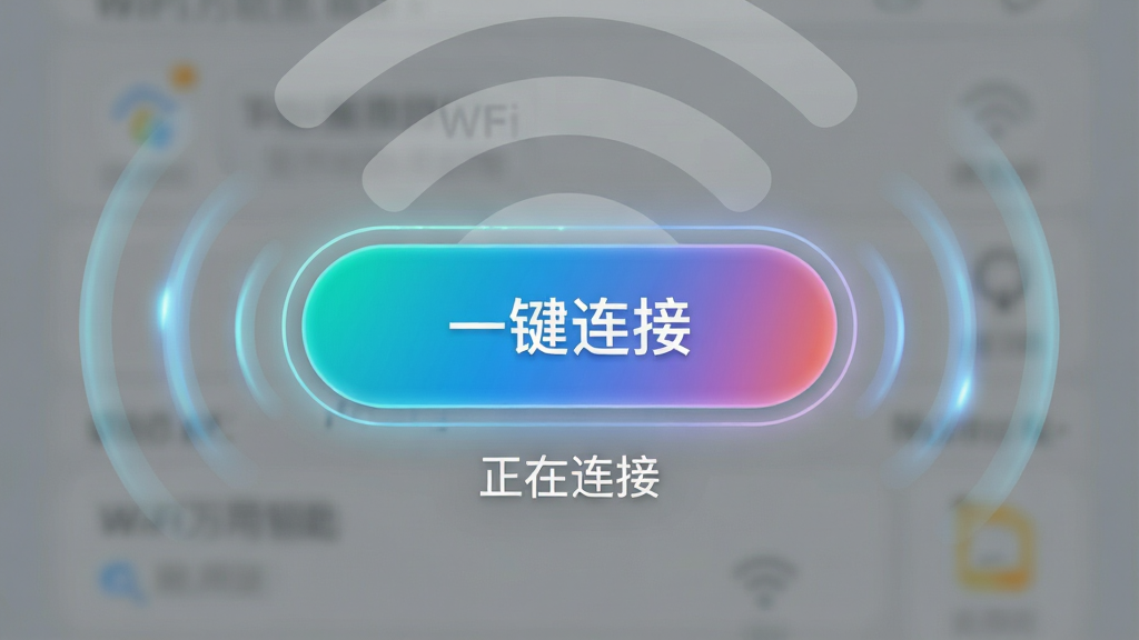 主体:wifi万用钥匙连软件界面上的“一键连接”按钮特写;布局:居中特写,按钮位于屏幕中央,背景为半透明的WiFi信号波纹;排版:按钮醒目,带有渐变色彩,下方有“正在连接”的提示文字;风格:科技感,微动效;细节:按钮周围有细微的光晕,信号波纹动态扩散;画质:高清,干净,无多余元素