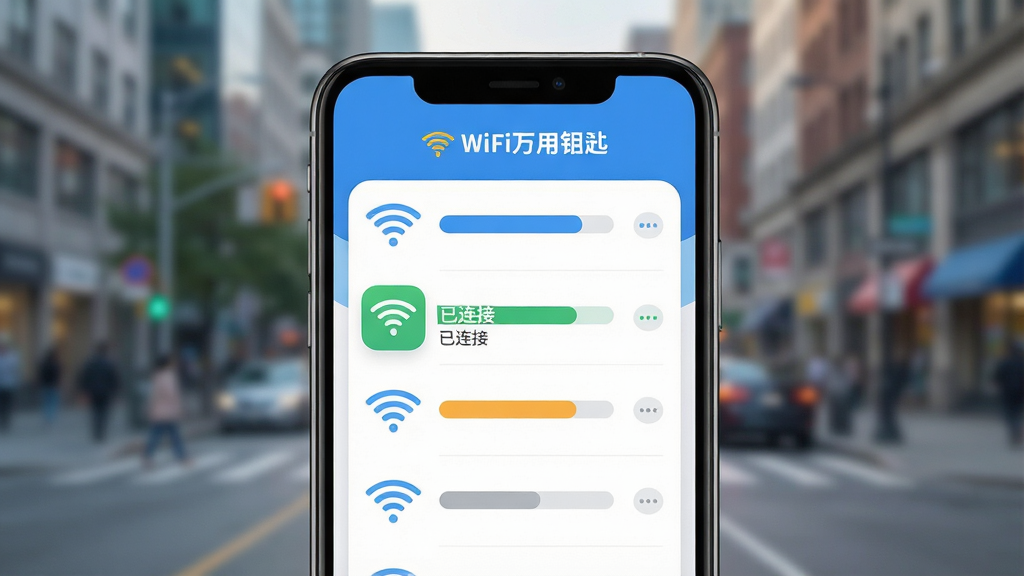 主体:wifi万用钥匙连手机应用界面,展示WiFi列表和连接按钮;布局:居中构图,前景为手机屏幕特写,背景为模糊的城市街景;排版:界面元素清晰,图标圆润,文字标签醒目;风格:现代扁平化设计,色彩明快;细节:手机屏幕上显示多个WiFi信号条,其中一个已连接并标有“已连接”字样;画质:高清渲染,干净,无多余元素