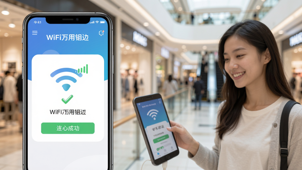 主体:wifi万用钥匙连使用场景,用户正在商场中连接WiFi;布局:左侧为手机应用界面,右侧为商场环境;排版:手机屏幕显示连接成功,商场背景虚化;风格:生活化、真实;细节:手机上有信号满格图标,用户面带微笑;画质:高清,干净,无多余元素