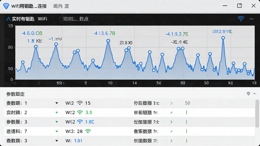 主体:wifi万用钥匙连连接管理界面,展示当前WiFi的信号波形图;布局:上方为波形图,下方为参数列表;排版:波形图采用蓝色线条,参数列表清晰;风格:专业、数据化;细节:波形图上有实时数据点,背景为浅灰色网格;画质:高清,干净,无多余元素