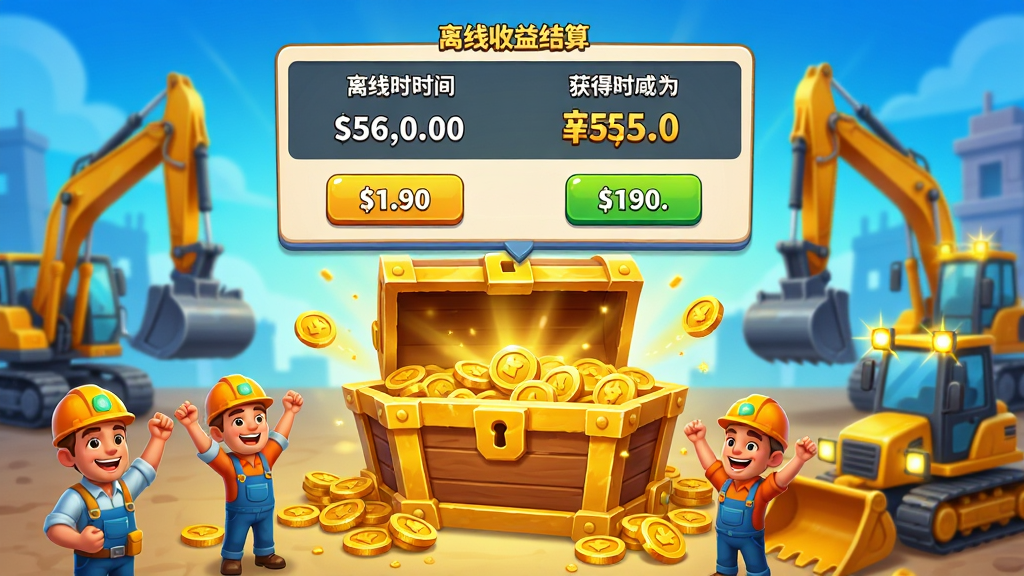 主体:搬砖乐园游戏内离线收益结算画面。布局:中央显示一个巨大的金币宝箱,周围环绕着工人和工程车辆,上方弹出收益结算面板。排版:结算面板清晰展示离线时长与获得的金币数量,按钮设计醒目。风格:金光闪闪的奖励氛围,卡通风格渲染,色彩明亮。细节:宝箱打开洒出金币,工人欢呼,工程车灯光闪烁,画面干净,无多余元素。画质:高精度建模,光影效果出色,干净,无多余元素。