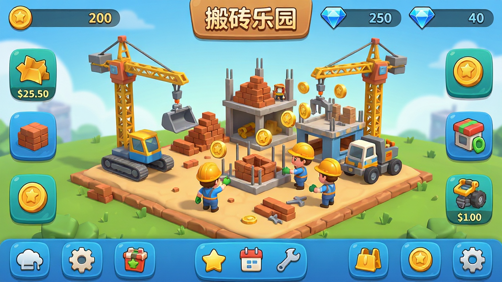 主体:搬砖乐园游戏主界面全景,展示卡通风格的建筑工地与忙碌的小人角色。布局:中央是繁忙的工地,四周环绕着可升级的设施图标与金币收益数字。排版:UI界面简洁清晰,顶部显示金币与钻石数量,底部为功能菜单栏。风格:明亮活泼的卡通渲染,色彩鲜艳,光影柔和。细节:工地上有起重机、砖块堆、戴着安全帽的工人,金币飘动特效,画面干净无杂乱元素。画质:高清细腻,4K渲染,干净,无多余元素。