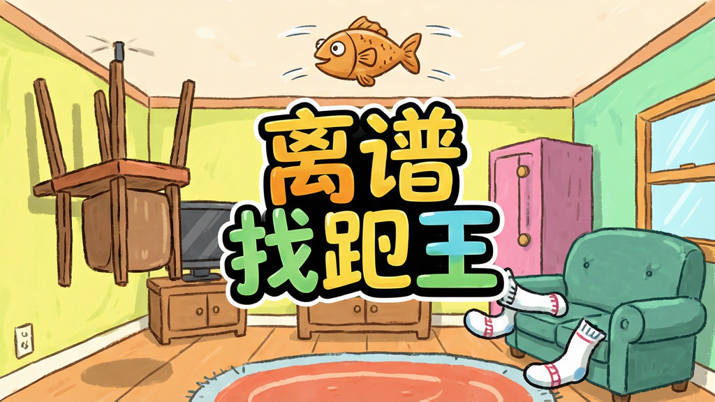 游戏主界面截图,展示“离谱找茬王”游戏LOGO居中,背景为色彩鲜艳的卡通房间场景,房间内摆放着倒挂的椅子、飞在天花板上的鱼、穿着袜子的沙发等离谱物品,画面风格清新明快,手绘质感,细节丰富,布局饱满,画质干净高清,无多余元素,整体氛围轻松搞笑,突出“离谱”主题。