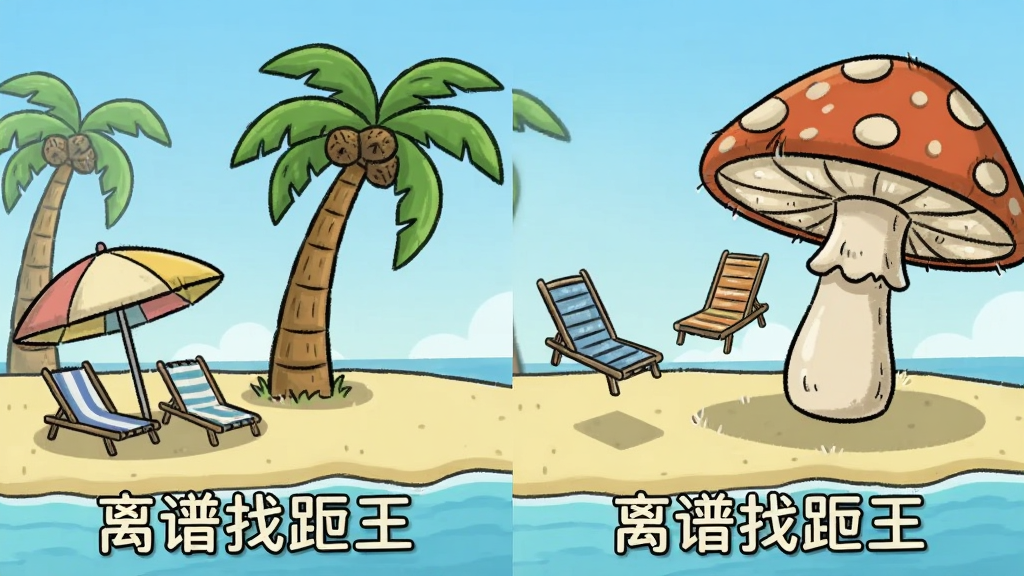 游戏对比图,左侧为正常场景,右侧为离谱场景,场景为海边沙滩,正常场景中太阳伞、沙滩椅、椰子树摆放合理,离谱场景中椰子树倒着长、沙滩椅悬浮半空、太阳伞变成巨型蘑菇,画面对比鲜明,卡通手绘风格,布局左右对称,细节丰富,画质干净,突出“离谱找茬王”的搞怪创意。