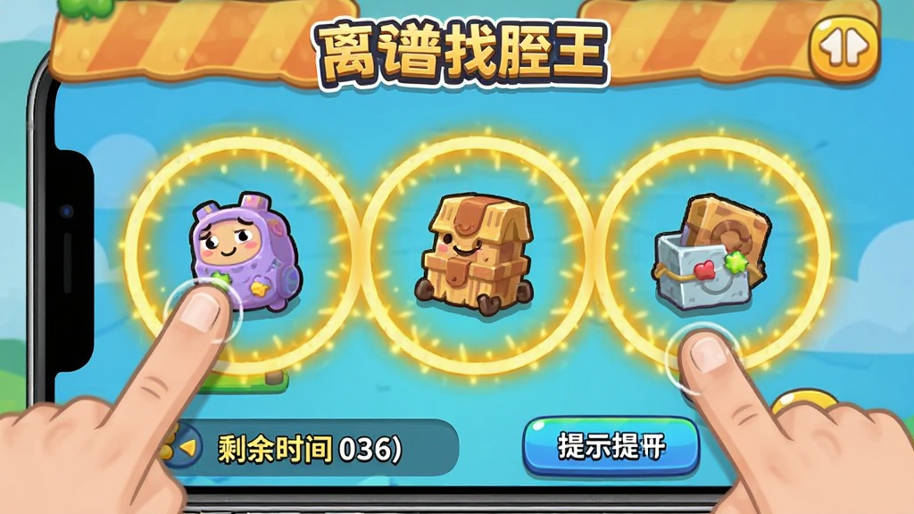 手机截图演示游戏操作界面,手指点击屏幕上的离谱物品,周围弹出金色光圈特效,界面下方显示剩余时间与提示按钮,卡通风格,色彩明亮,布局简洁,画质清晰,突出“离谱找茬王”游戏过程。