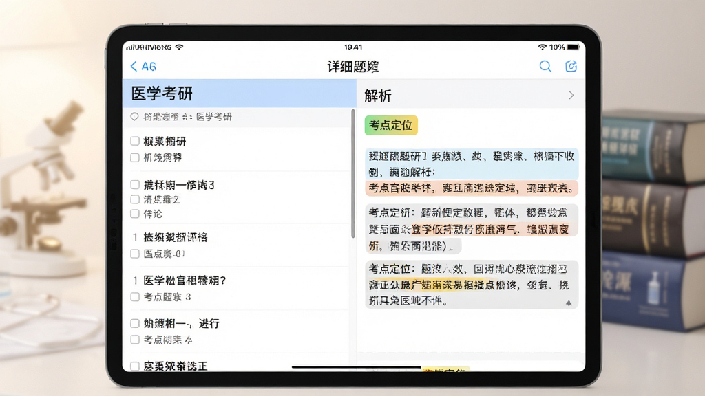 主体:“医学考研”APP题库界面展示。布局:平板电脑横屏显示,左侧为题目列表,右侧为详细解析区域。排版:界面整洁,题目文字清晰,解析重点用彩色标注。风格:写实截屏风格,搭配柔光背景,突出学习氛围。细节:屏幕中显示多选题目,解析部分有“考点定位”标签,背景有模糊的医学书籍。画质:超清,干净,无多余元素。
