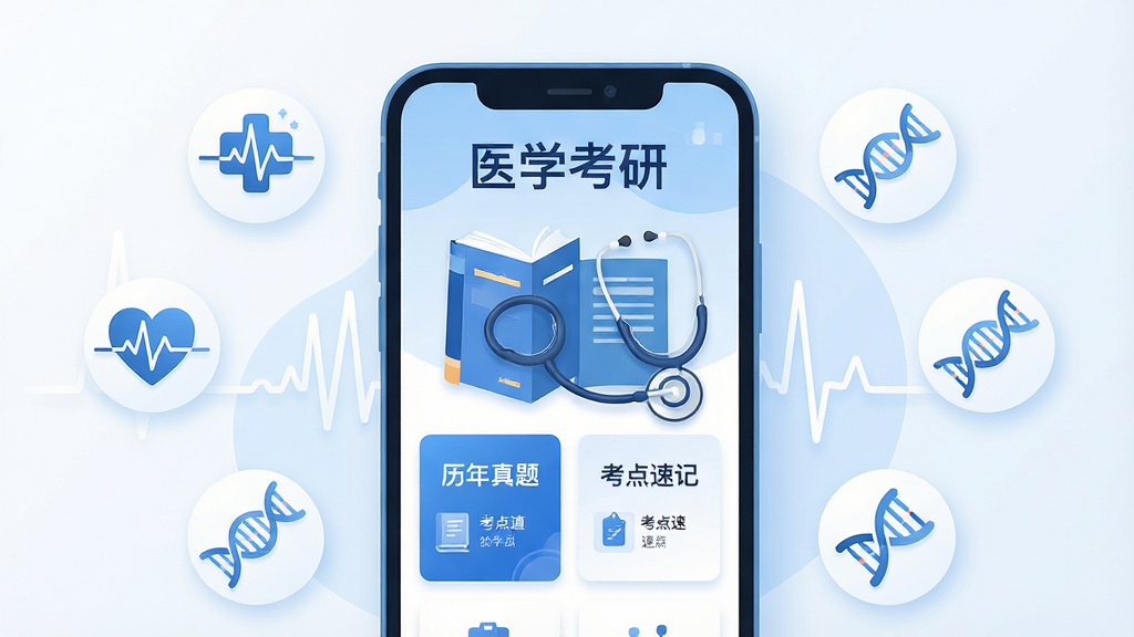 主体:医学考研APP界面,展示“医学考研”字样和手机框架,主视觉为教材与听诊器。布局:手机居中,周围环绕心电图、DNA链等医学元素图标。排版:画面干净,主标题醒目,信息层级分明。风格:现代扁平化插画风格,蓝白配色,医疗科技感。细节:屏幕内显示“历年真题”、“考点速记”功能卡片,光线柔和,无杂乱元素。画质:4K高清,干净,无多余元素。