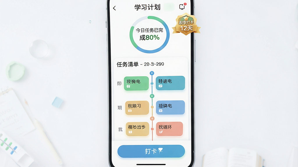 主体:“医学考研”学习计划页面。布局:手机竖屏显示,顶部为进度环,中部为按时间轴排列的任务清单,底部为打卡按钮。排版:任务卡片圆润,色彩区分不同科目。风格:清新简约的UI设计,绿色与蓝色点缀,积极向上。细节:屏幕内显示“今日任务已完成80%”,有“连续打卡12天”的勋章标识。画质:高清,干净,无多余元素。