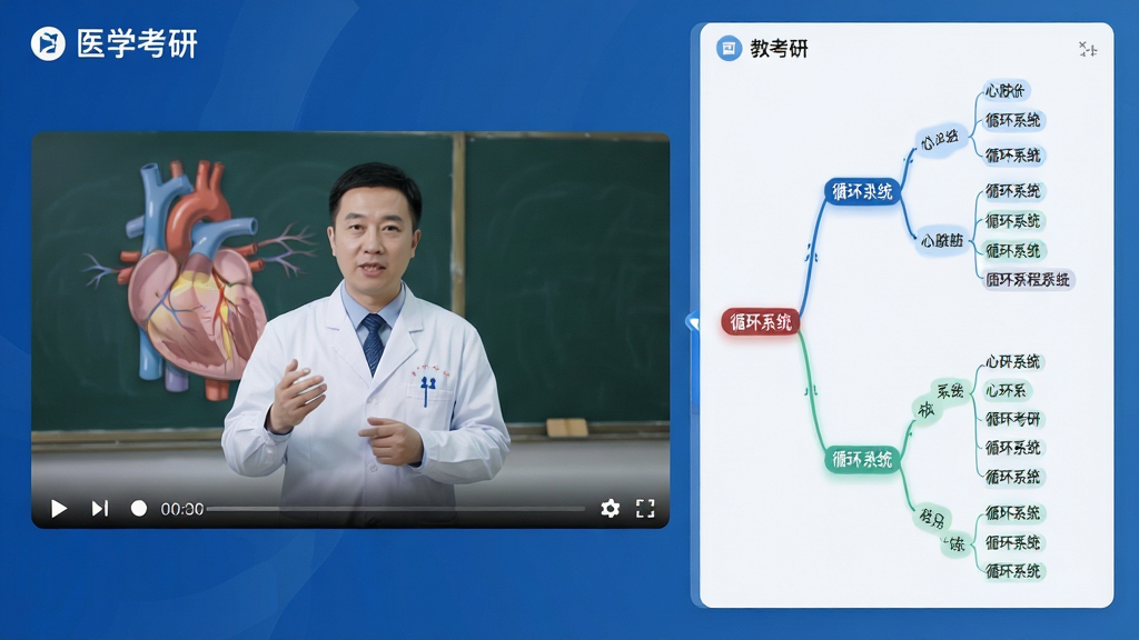 主体:“医学考研”视频课程播放界面与思维导图。布局:左侧为视频窗口,右侧为同步滚动的思维导图节点。排版:视频清晰,导图结构分明,颜色柔和。风格:教育科技风,大屏显示,专业感强。细节:视频内老师正在讲解心脏解剖,导图高亮显示“循环系统”分支。画质:蓝光超清,干净,无多余元素。
