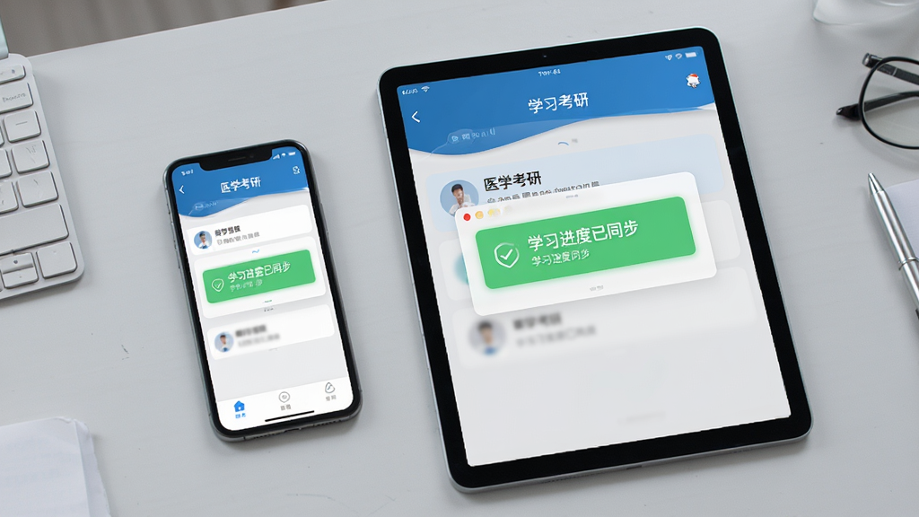 主体:“医学考研”APP在手机和平板上同步使用的场景。布局:左侧手机,右侧平板,屏幕显示相同的学习进度界面。排版:产品居中展示,背景是浅灰色桌面。风格:实拍与UI结合,商务办公感。细节:两台设备屏幕上都显示“学习进度已同步”的提示框。画质:高清,干净,无多余元素。
