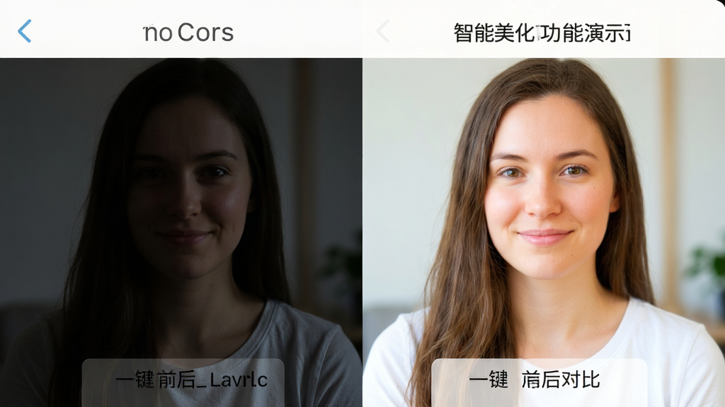 PhotoCors智能美化功能演示图,展示一键前后对比效果,左侧原图偏暗,右侧处理后色彩明亮,人物肤色自然,布局为左右对比,风格写实,细节丰富,画质清晰,干净无多余元素