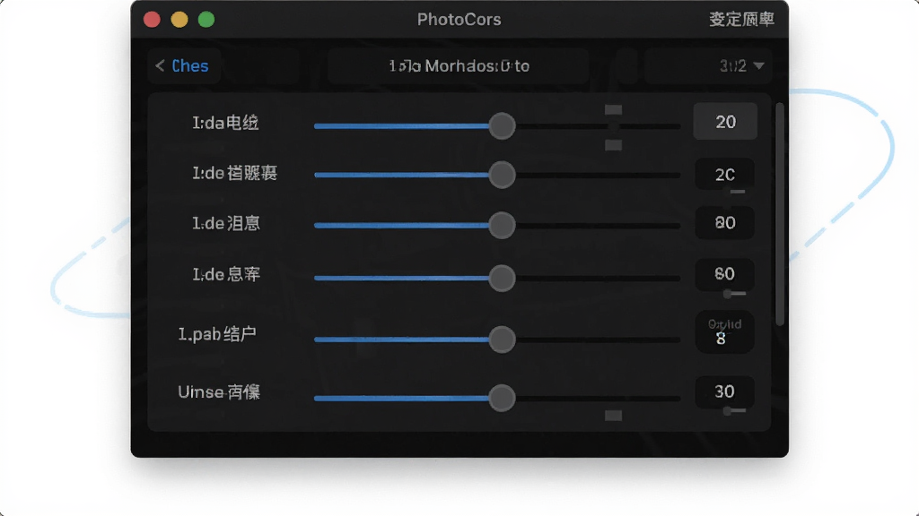 PhotoCors专业调节面板截图,展示滑杆式参数调节界面,背景为深色模式,突出各项调节选项,布局规整,风格科技感,细节清晰,画质干净,无多余元素
