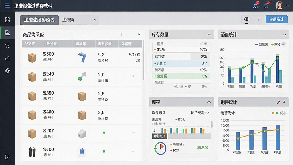 里诺服装进销存软件主界面预览图,展示商品列表、库存数量、销售统计等核心模块,界面干净整洁,现代商务风格,高分辨率,细节丰富,画质清晰,无多余元素