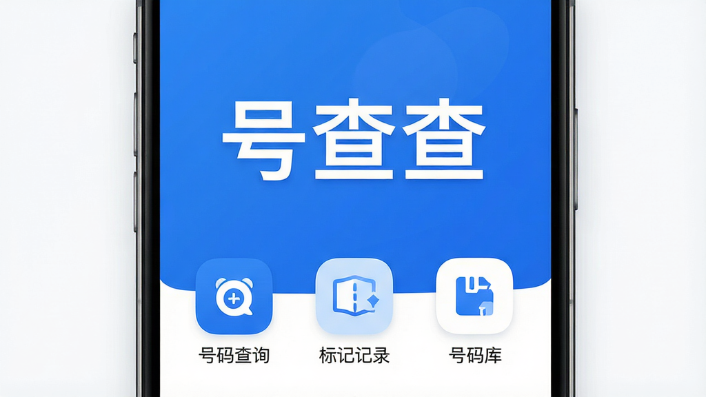一张现代简约风格的手机应用界面预览图,主色调为蓝色与白色,屏幕中央显示“号查查”三个大字,下方排列着号码查询、标记记录、号码库等主要功能图标,整体布局清晰,图标圆润,背景干净,画质高清,无多余元素
