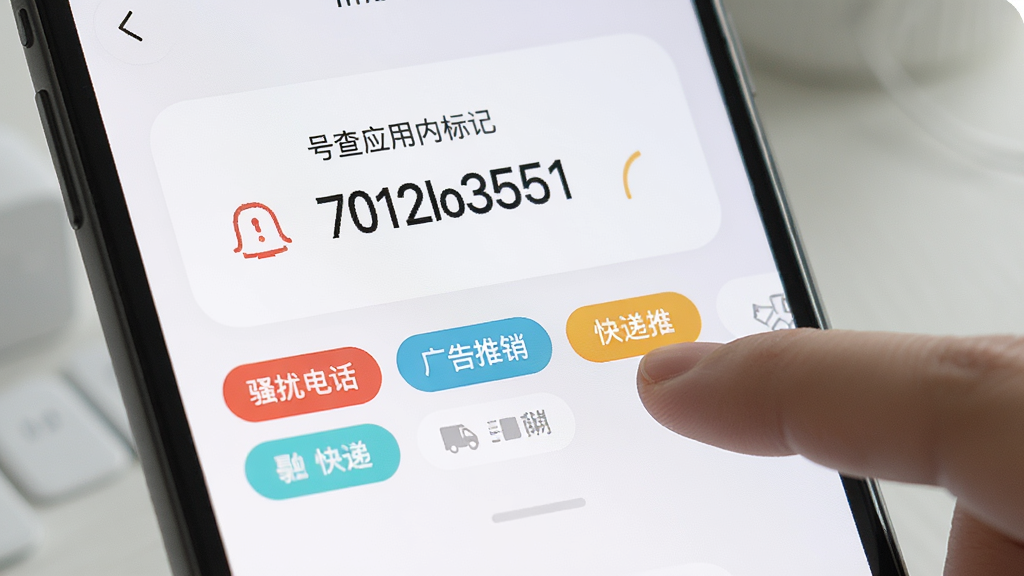 号查查应用内标记号码的操作页面,屏幕显示一个号码卡片,下方有多个彩色标签选项,如“骚扰电话”、“广告推销”、“快递”等,用户手指正点击“广告推销”标签,界面色彩柔和,布局直观,画质清晰,无多余元素