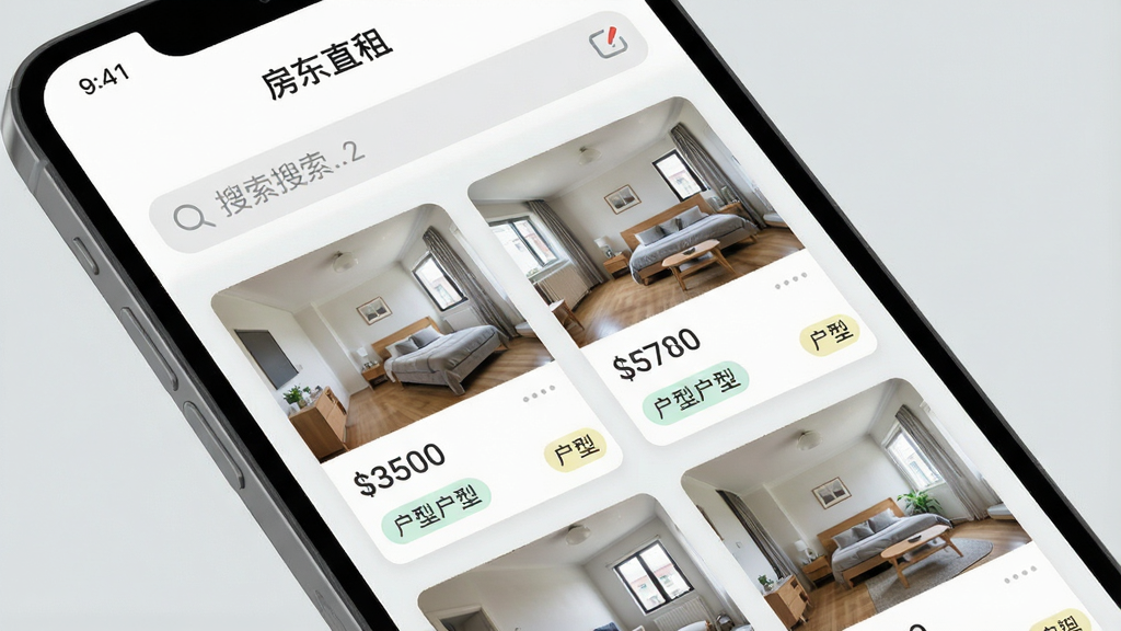 一张手机屏幕特写,屏幕中显示“房东直租”APP主界面,顶部有搜索栏,下方房源列表以卡片形式排列,每张卡片展示房间照片、价格、户型标签,整体界面简洁清晰,背景为浅灰色,突出APP内容,风格现代扁平,画质干净,无多余元素